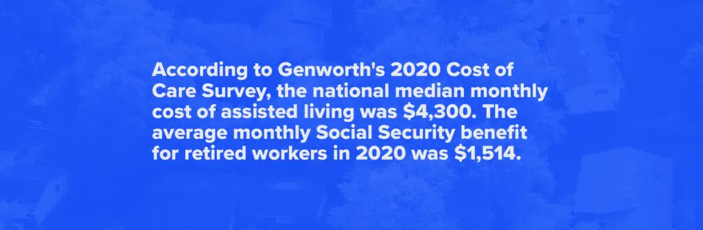 According to Genworth's 2020 Cost of Care Survey, the national median monthly cost of assisted living was $4,300. The average monthly Social Security benefit for retired workers in 2020 was $1,514. 