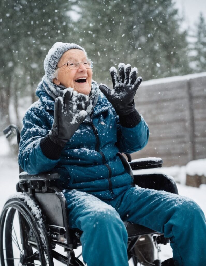 Residential assisted living resident playing in the snow.